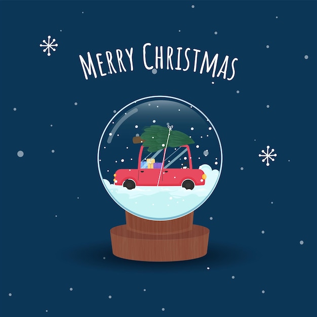 Merry Christmas Concept With Car Or Taxi Full Of Gift Boxes And Xmas Tree Inside Snow Globe On Blue Background.