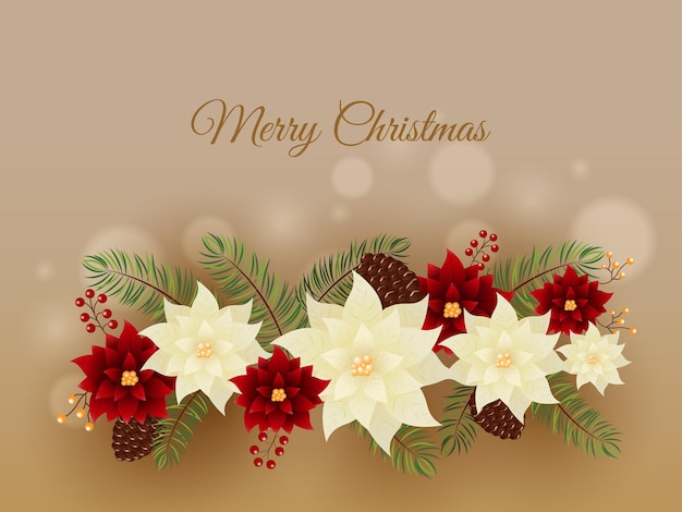 Merry Christmas Concept With Poinsettia Flowers Fir Leaves Pine Cones And Berries On Golden Bokeh Blur Background