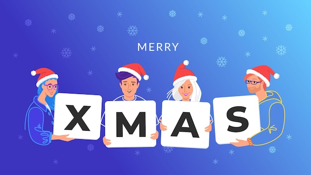 Merry Christmas congratulation from young community. Concept vector illustration of young teenagers wearing santa hats and holding paper cards with letters xmas. Blue snowflakes gradient background