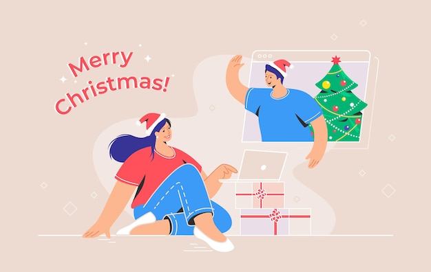 Merry Christmas congratulation via video call. Concept vector illustration of young woman sitting with laptop with xmas gifts and talking to her friend via video call. Online greetings and celebration