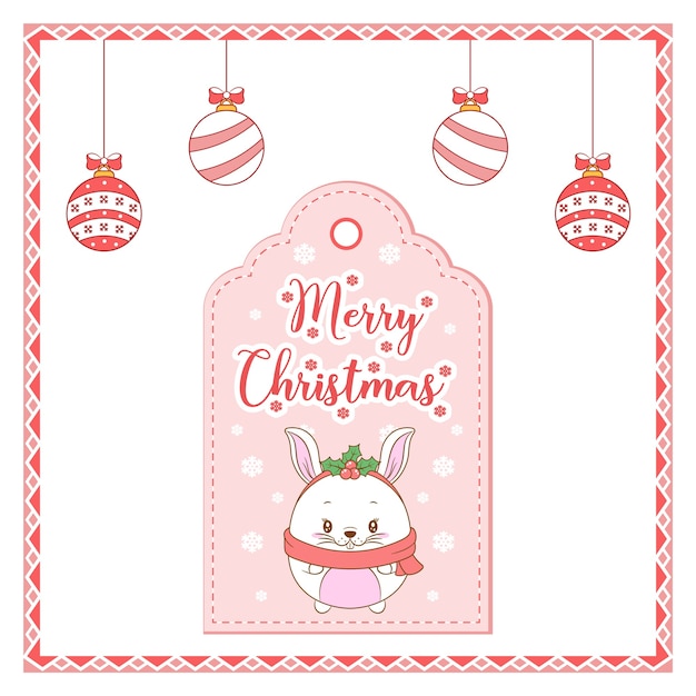 Merry Christmas cute animal with red berry drawing card tag