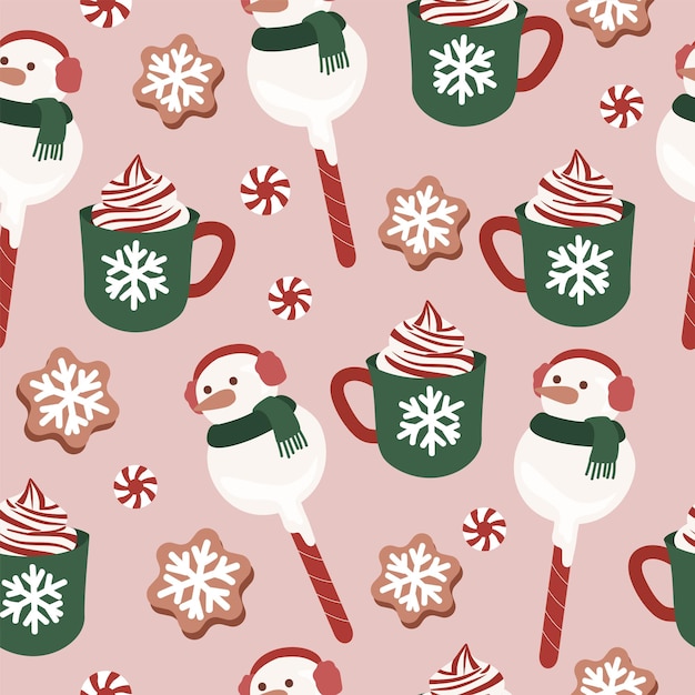 Merry christmas cute cake pop snowman biscuit and cafe seamless pattern