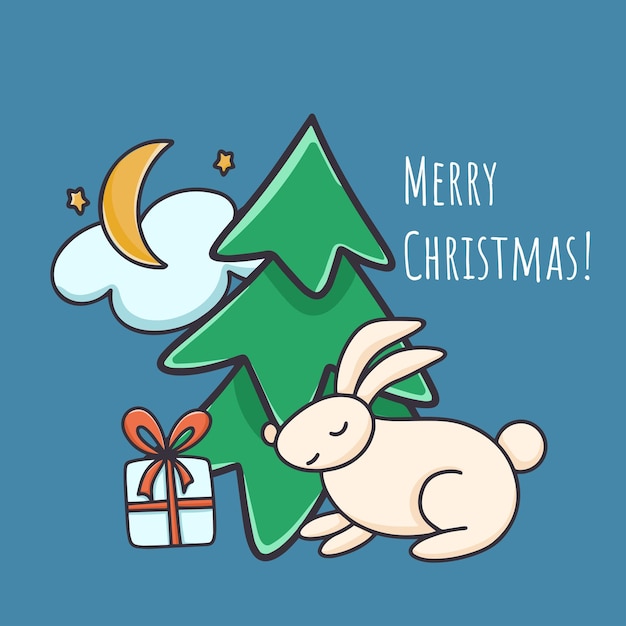 Merry christmas cute card with christmas bunny Composition with hare, fir tree and gift