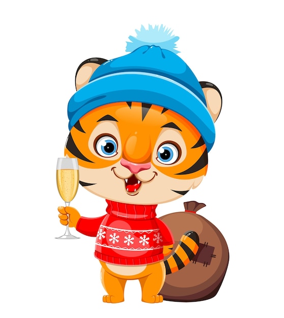 Merry Christmas Cute cartoon tiger in warm hat standing near sack with presents