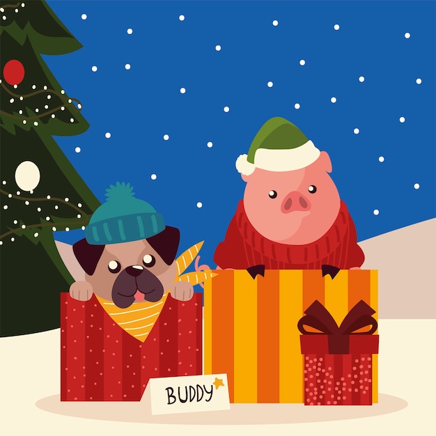 Merry christmas cute dog in box pig with sweater and gift tree in the snow illustration