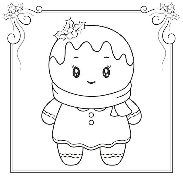 merry Christmas cute ginger cookie drawing sketch with scarf for coloring