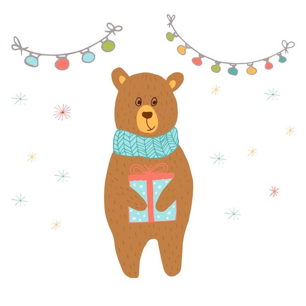 Vector merry christmas cute greeting card with bear and gift for presents. hand drawn style of posters for invitation, children room, nursery decor, interior design.