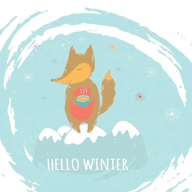 Merry Christmas cute greeting card with fox for presents. Hand drawn style of posters for invitation, children room, nursery decor, interior design.