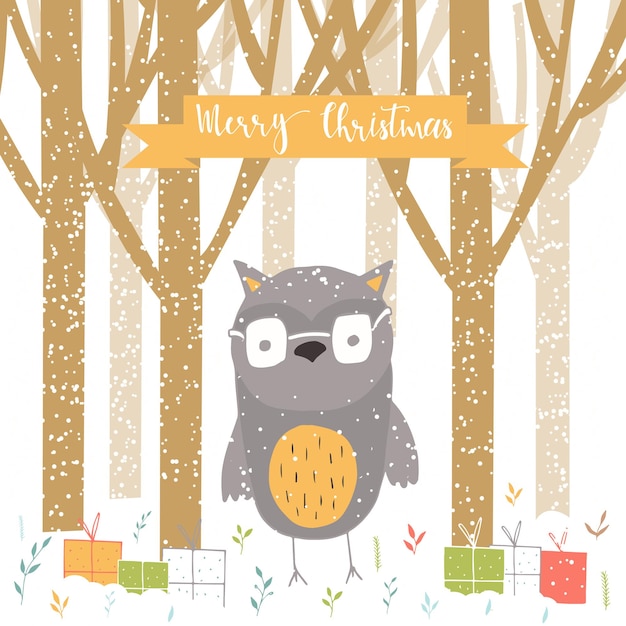 Merry Christmas cute greeting card with lettering, owl, forest and presents. Hand drawn style of posters for invitation, children room, nursery decor, interior design.