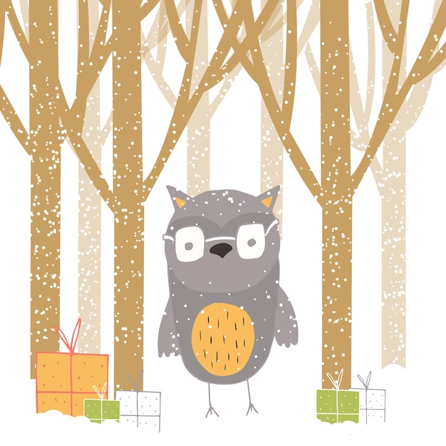 Merry Christmas cute greeting card with owl, forest and presents. Hand drawn style of posters for invitation, children room, nursery decor, interior design.