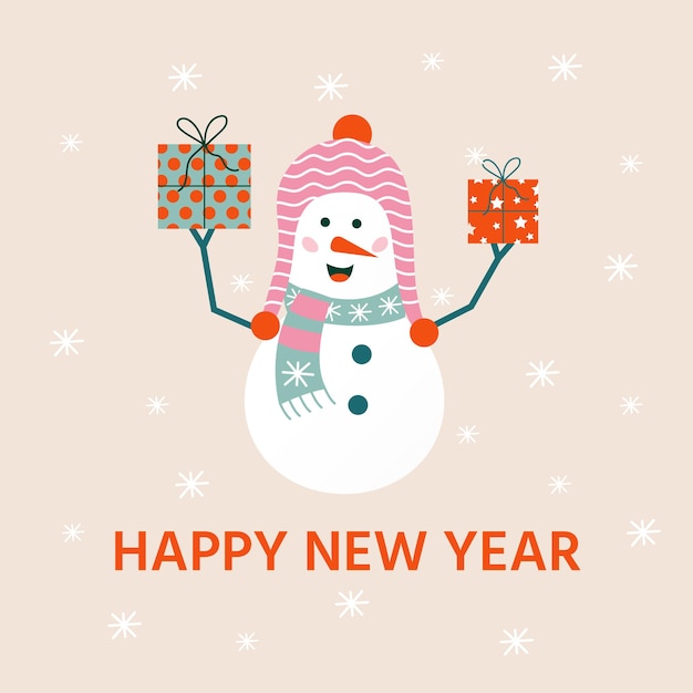 Merry Christmas cute greeting card with snowman and snowflakes for happy new year presents. Scandinavian style of posters for invitation, children room, nursery decor, interior designs