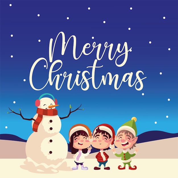 Merry christmas cute helper snowman with little girl and boy greeting card illustration