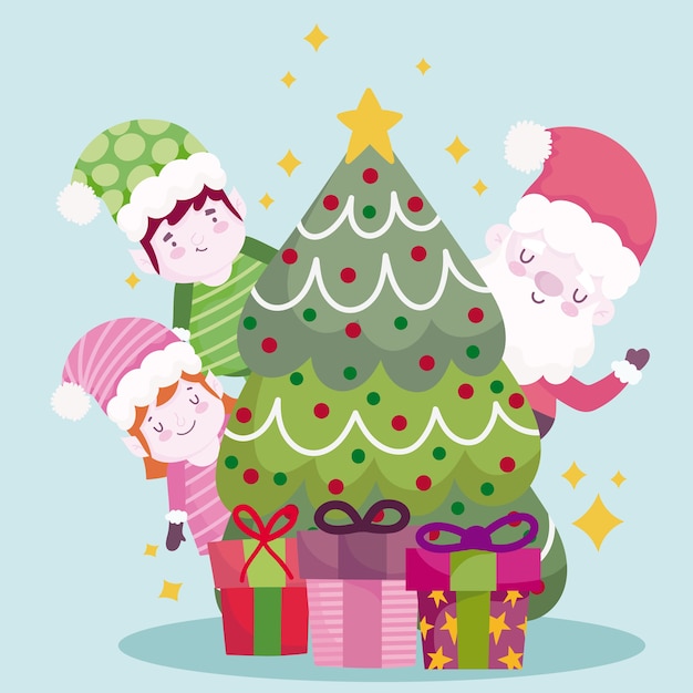 merry christmas, cute santa helpers tree and gifts illustration