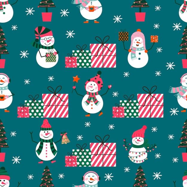 Merry Christmas cute seamlees pattern with snowman and snowflakes for happy new year presents. Scandinavian style set for invitation, children room, nursery decor, interior design, textile