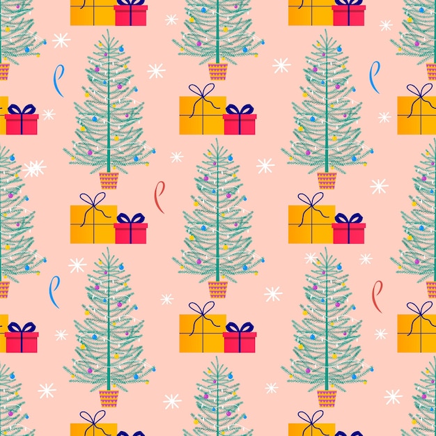 Merry Christmas cute seamless pattern with fir tree, gifts and snowflakes for happy new year presents. Scandinavian style set for invitation, children room, nursery decor, interior design, textile