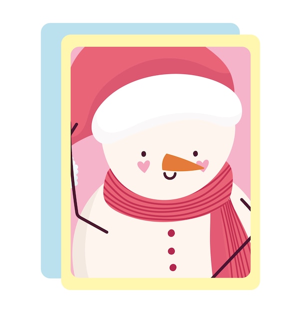 Merry christmas, cute snowman with hat and scarf card for greeting vector illustration