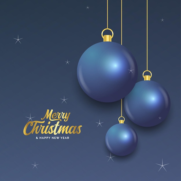 Merry Christmas dark blue banner with balls Christmas card Vector Illustration