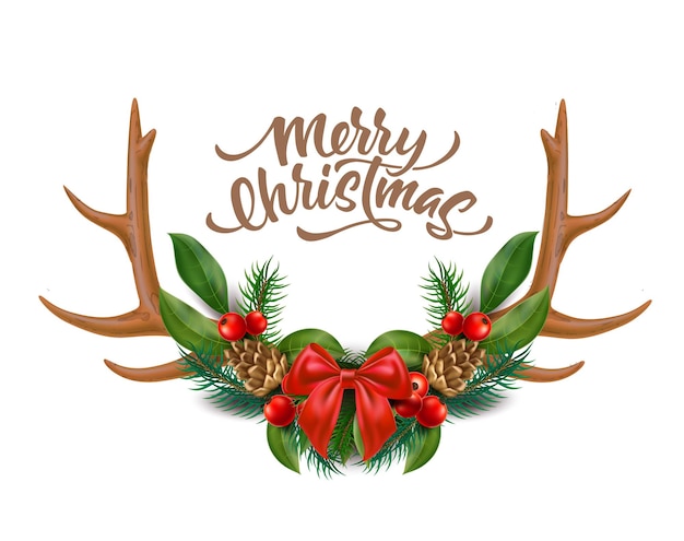 Merry christmas design reindeer horns with bow holly leaves berries spruce tree twigs pine cones