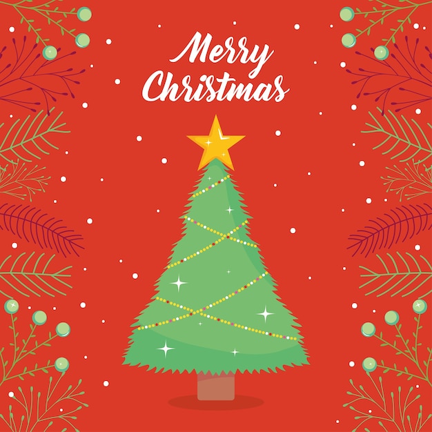 Merry christmas design with christmas tree and decorative branches around over red background, colorful design 