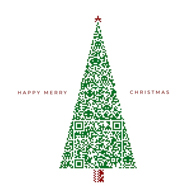 Merry Christmas design with Christmas tree made from scan QR code pattern. Vector illustration