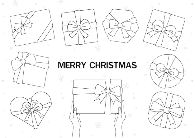 Merry Christmas design with a handholding gift box and various gift boxes in simple line top view