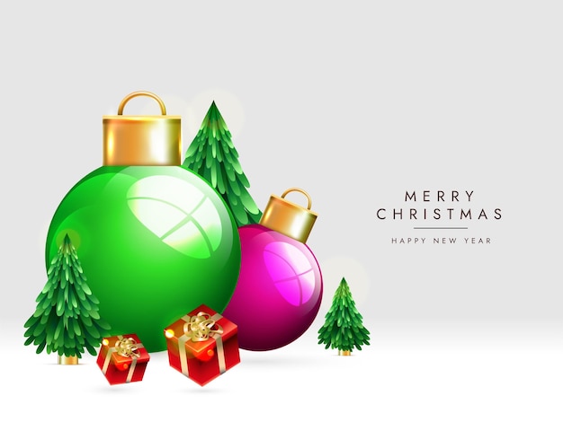 Merry Christmas design with realistic balls and Christmas trees and gift boxes