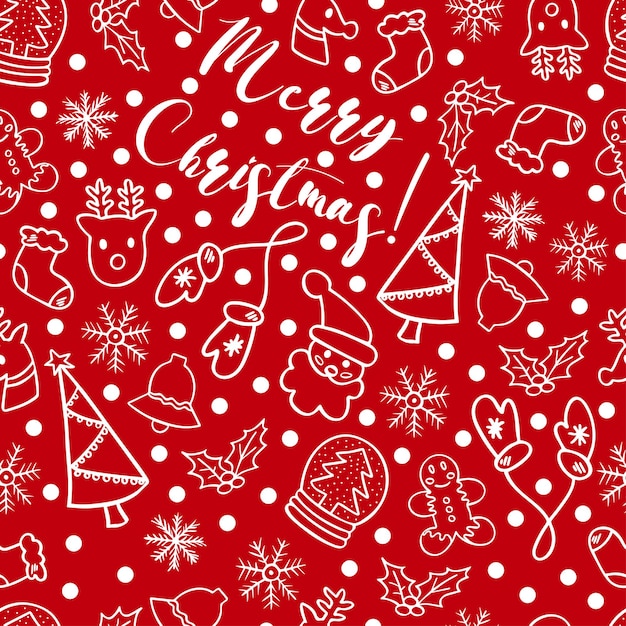 Merry Christmas doodle seamless pattern in red