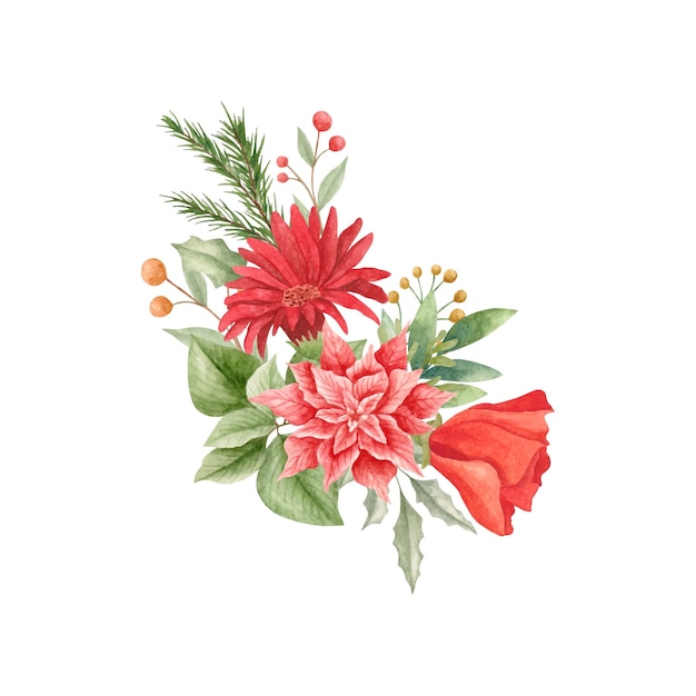 Merry christmas floral bouquet in watercolor style