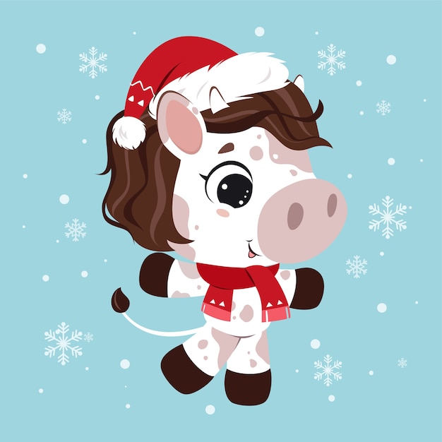 Vector merry christmas! funny cow character on blue snowy background. card in cartoon style. illustration.