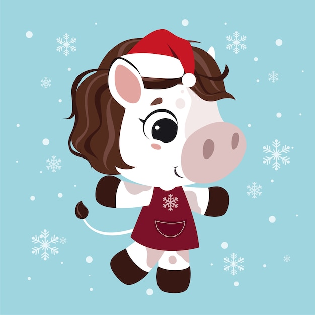 Merry Christmas! Funny cow character on blue snowy background. Card in cartoon style. illustration.