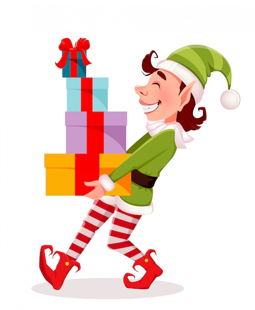 Merry Christmas, Funny Elf carries gift boxes