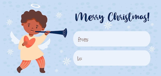 Merry Christmas gift card tag Little cartoon angel ethnic black boy with trumpet horizontal card