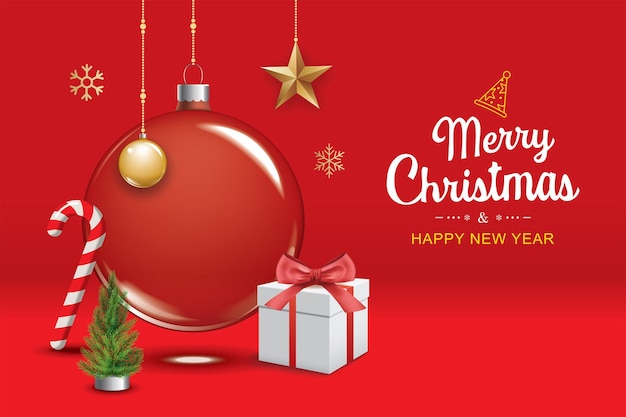 Merry christmas glass ball and decoration object for flyer brochure design on red background