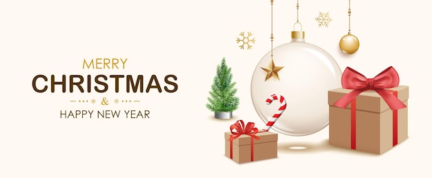 Merry christmas glass ball and decoration object for flyer brochure design on white background