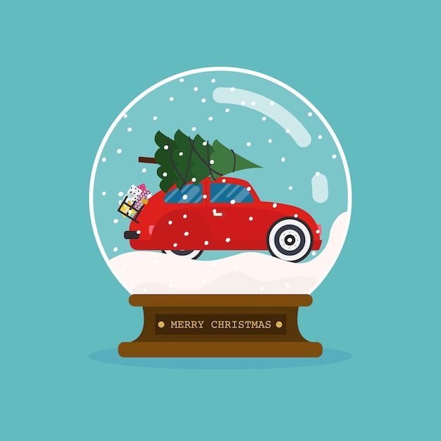 Merry christmas glass ball with car and christmas tree.