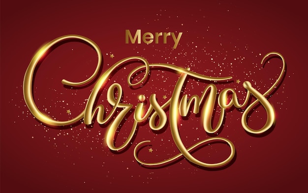 Merry Christmas gold greeting card with 3d typography vector on red background