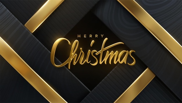 Merry Christmas golden sign on black background with gold ribbons