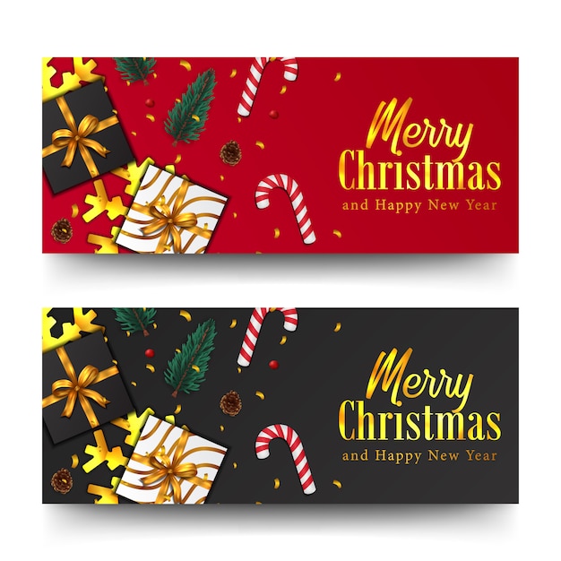 Merry christmas golden text and confetti banner set