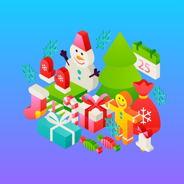 Merry Christmas Gradient Winter Concept. Vector Illustration of Holiday Isometry Greeting Card.