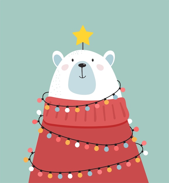 Merry Christmas greeting card, banner. White polar bear looking like a xmas tree, vector cartoon illustration