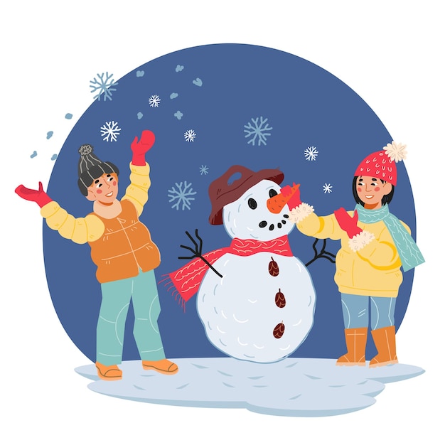 Merry Christmas greeting card or banner with snowman and wish phrase flat vector