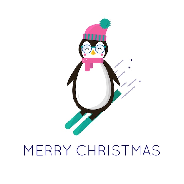 Merry Christmas greeting card cute animals penguin with hat scarf eyeglasses and skiing Flat style of icons for presents invitation children room nursery decor interior design