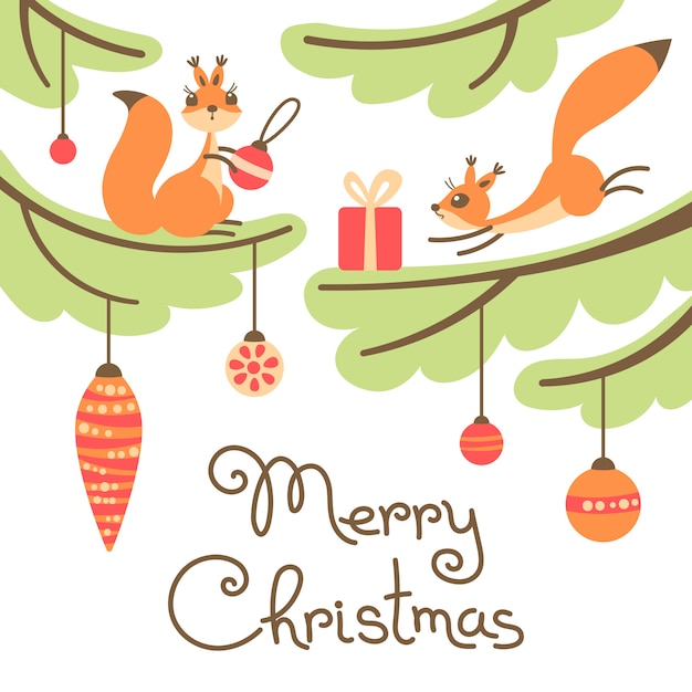 Merry Christmas greeting card. Cute little squirrels with gift on trees.