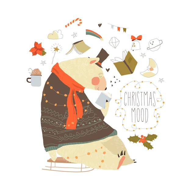 Vector merry christmas greeting card cute polar bear wearing sweater reading book