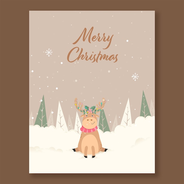 Merry Christmas Greeting Card Or Flyer Design With Cartoon Reindeer Xmas Tree And Snowfall On Beige Background