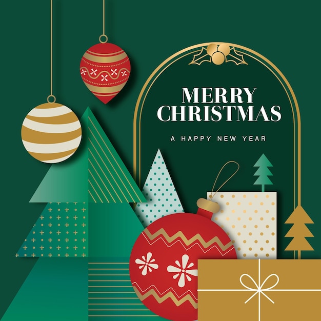 Merry Christmas greeting card of geometric tree and ornaments Vector Illustration.