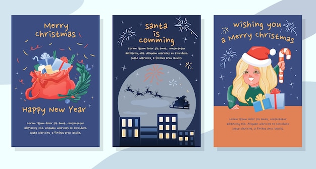 Merry Christmas greeting card holidays flyer set