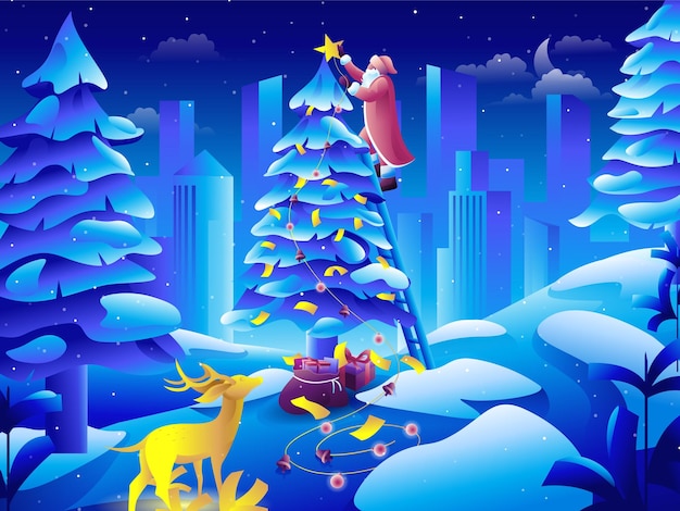 Merry Christmas greeting card landscape. Santa and reindeer hang stars around the Christmas tree.