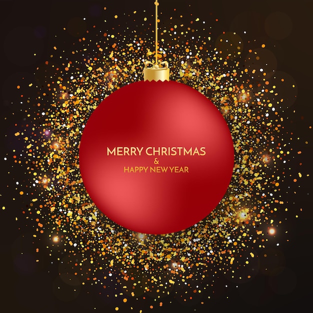 Merry Christmas greeting card Merry Christmas phrase and red christmas ball on gold glitter background Vector illustration