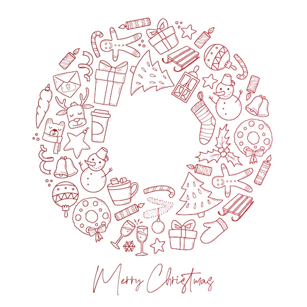 Merry Christmas greeting card poster with doodles